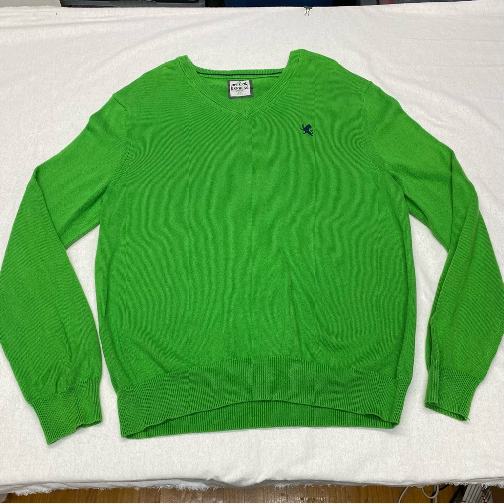 Express Green Sweater Adult Large V-neck 100% Cotton Blue Logo Gorpcore Casual